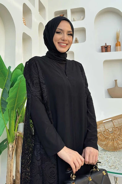 Dantel Abaya 7884 Siyah - Resim 4