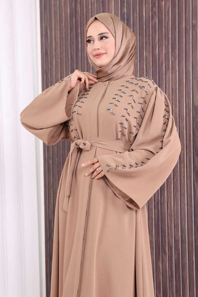 Taşlı Boncuklu İşleme Detaylı Ferace 7882 Vizon - Resim 5