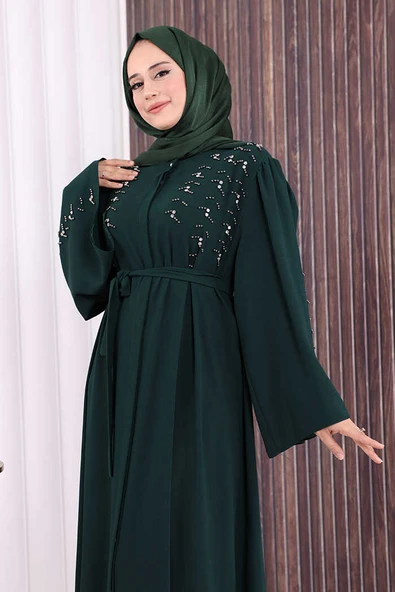 Taşlı Boncuklu İşleme Detaylı Ferace 7882 Zümrüt - Resim 5