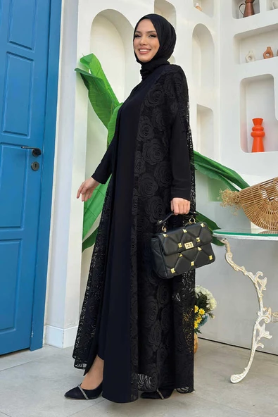 Dantel Abaya 7884 Siyah - Resim 3