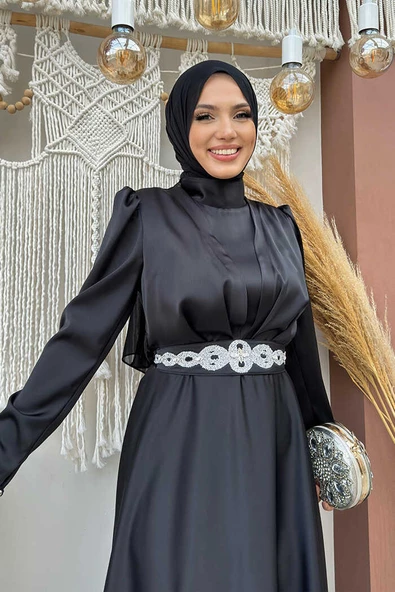 Taşlı Kemer Akseuarlı Saten Abiye Elbise 3863 Siyah - Resim 3