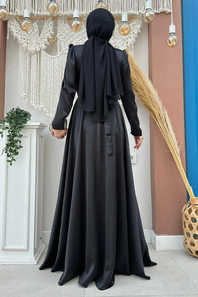 Taşlı Kemer Akseuarlı Saten Abiye Elbise 3863 Siyah - Resim 4