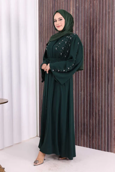 Taşlı Boncuklu İşleme Detaylı Ferace 7882 Zümrüt - Resim 3