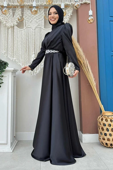 Taşlı Kemer Akseuarlı Saten Abiye Elbise 3863 Siyah - Resim 2