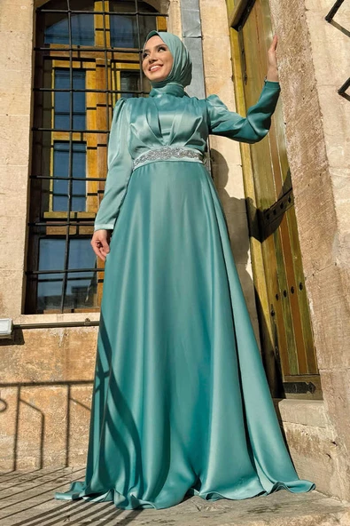 Taşlı Kemer Akseuarlı Saten Abiye Elbise 3863 Mint - Resim 3