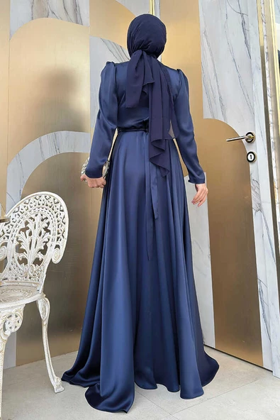 Taşlı Kemer Akseuarlı Saten Abiye Elbise 3863 Lacivert - 2