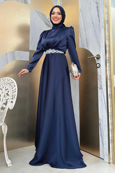 Taşlı Kemer Akseuarlı Saten Abiye Elbise 3863 Lacivert - 3