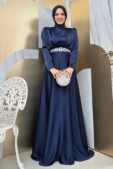 Taşlı Kemer Akseuarlı Saten Abiye Elbise 3863 Lacivert