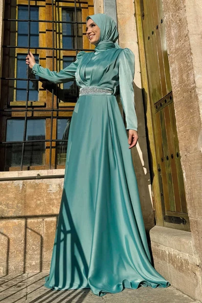 Taşlı Kemer Akseuarlı Saten Abiye Elbise 3863 Mint - Resim 2
