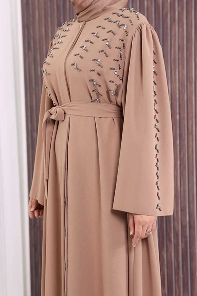 Taşlı Boncuklu İşleme Detaylı Ferace 7882 Vizon - Resim 6