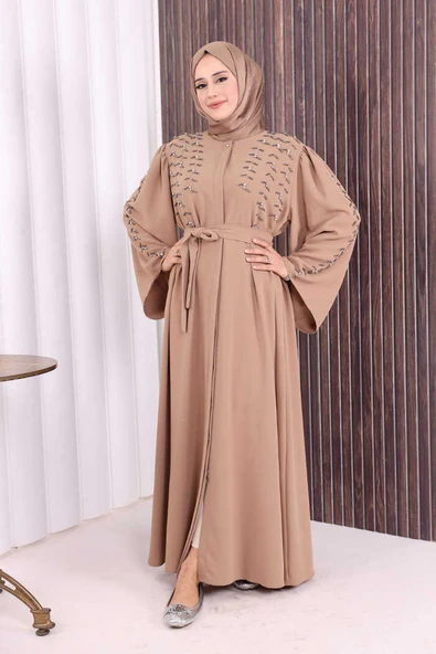 Taşlı Boncuklu İşleme Detaylı Ferace 7882 Vizon - Resim 2