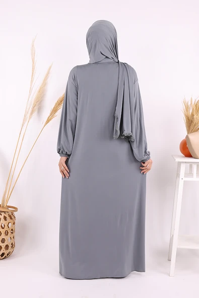 Dantel Detay Şallı Namaz Feracesi 6010 Gri - Resim 3