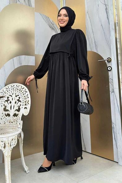 Çift Katlı Bağlama Detay Elbise 6003 Siyah - 3