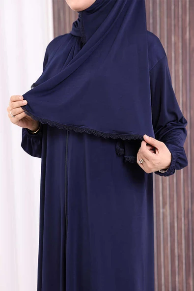 Dantel Detay Şallı Namaz Feracesi 6010 Lacivert - Resim 6