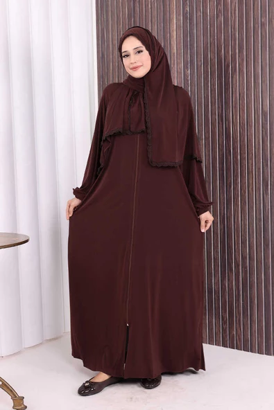 Dantel Detay Şallı Namaz Feracesi 6010 Kahverengi - Resim 2