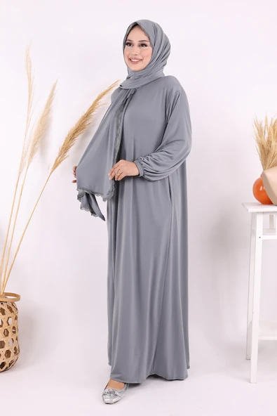 Dantel Detay Şallı Namaz Feracesi 6010 Gri - Resim 2