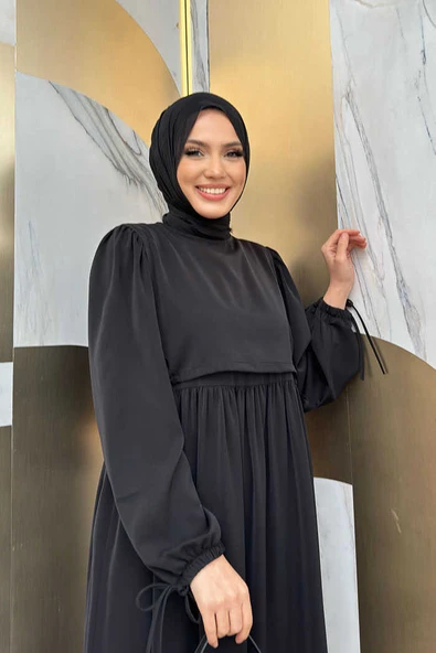 Çift Katlı Bağlama Detay Elbise 6003 Siyah - 5