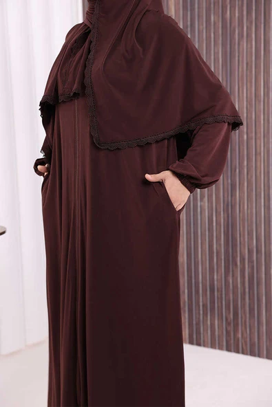 Dantel Detay Şallı Namaz Feracesi 6010 Kahverengi - Resim 6