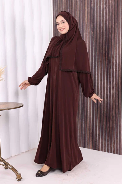 Dantel Detay Şallı Namaz Feracesi 6010 Kahverengi - Resim 3