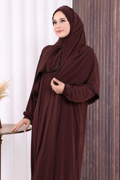 Dantel Detay Şallı Namaz Feracesi 6010 Kahverengi - Resim 5