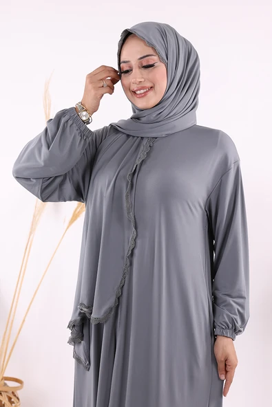 Dantel Detay Şallı Namaz Feracesi 6010 Gri - Resim 4