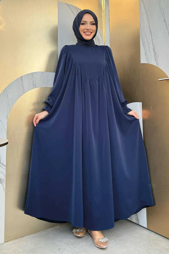 Kol Manşetleri Büzgülü Elbise 6004 Lacivert