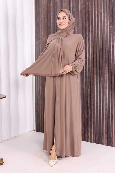 Dantel Detay Şallı Namaz Feracesi 6010 Vizon - Resim 2