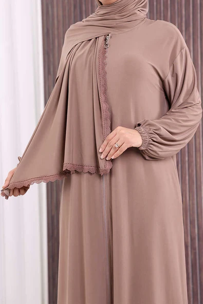 Dantel Detay Şallı Namaz Feracesi 6010 Vizon - Resim 6