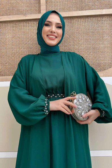 Bel Bilek Kısımları Taşlı Elbiseli Abaya Takım 8490 Zümrüt - 4