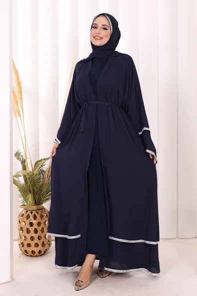 Taş İşlemeli Kat Detay Şallı Abaya 7883 Lacivert - Resim 4