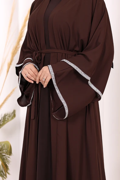 Taş İşlemeli Kat Detay Şallı Abaya 7883 Kahverengi - Resim 6