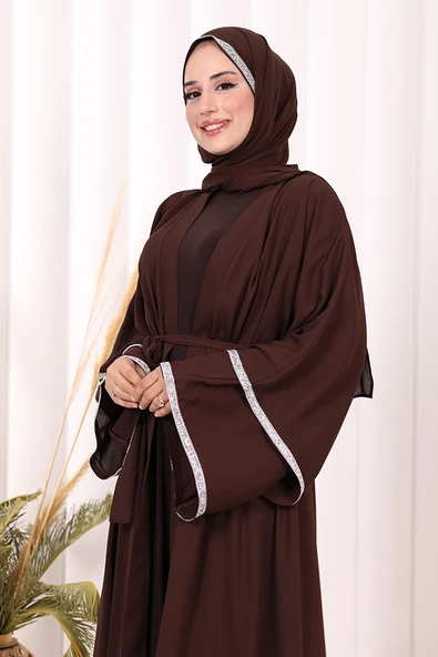Taş İşlemeli Kat Detay Şallı Abaya 7883 Kahverengi - Resim 5