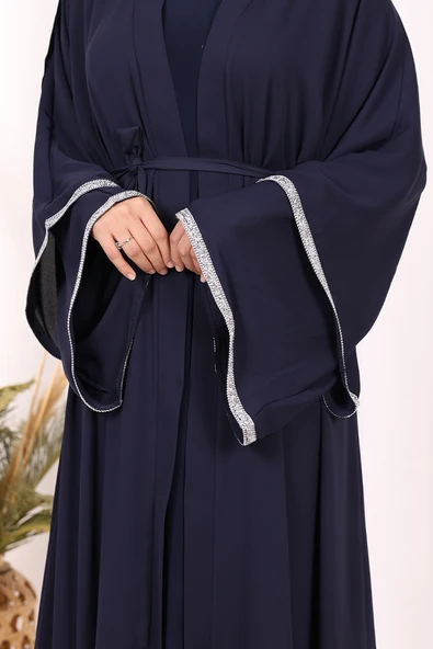 Taş İşlemeli Kat Detay Şallı Abaya 7883 Lacivert - Resim 7