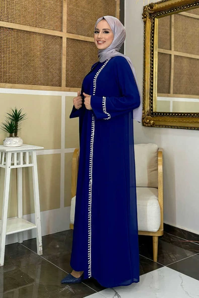 İnci Detaylı Abaya Elbise Takım 8493 Lacivert - Resim 3