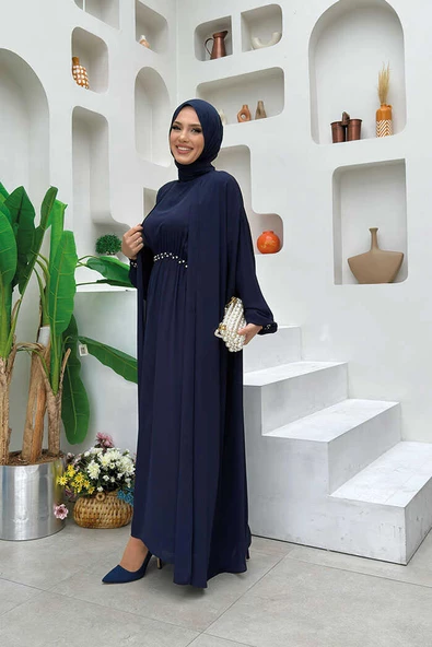 Bel Bilek Kısımları Taşlı Elbiseli Abaya Takım 8490 Lacivert - Resim 2