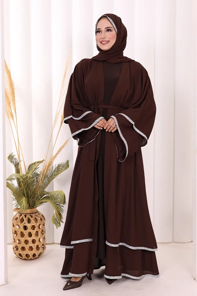 Taş İşlemeli Kat Detay Şallı Abaya 7883 Kahverengi - Resim 2