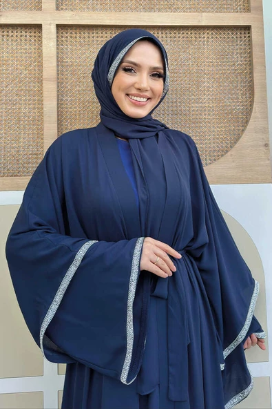 Taş İşlemeli Kat Detay Şallı Abaya 7883 Lacivert - 8