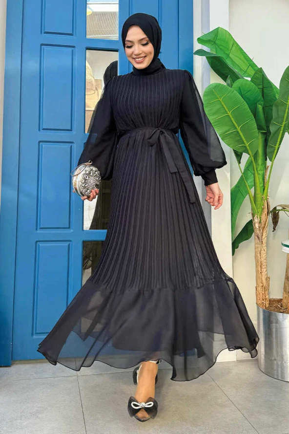 Bel Kuşaklı Piliseli Elbise 3794 Siyah