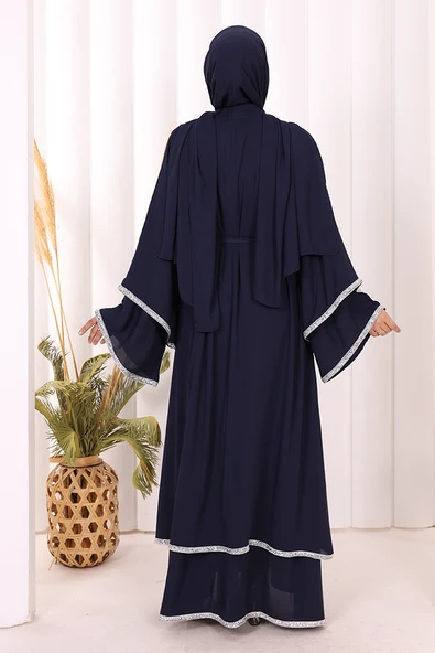 Taş İşlemeli Kat Detay Şallı Abaya 7883 Lacivert - Resim 5