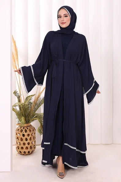 Taş İşlemeli Kat Detay Şallı Abaya 7883 Lacivert - Resim 2