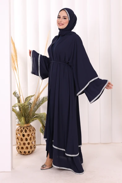Taş İşlemeli Kat Detay Şallı Abaya 7883 Lacivert - Resim 3