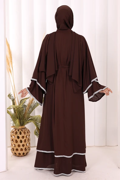 Taş İşlemeli Kat Detay Şallı Abaya 7883 Kahverengi - Resim 4