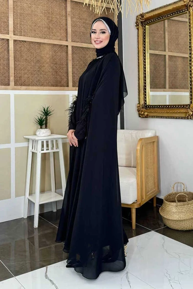 Püsküllü Yakası Taş Detaylı Abayalı Elbise Takım 8494 Siyah - Resim 9
