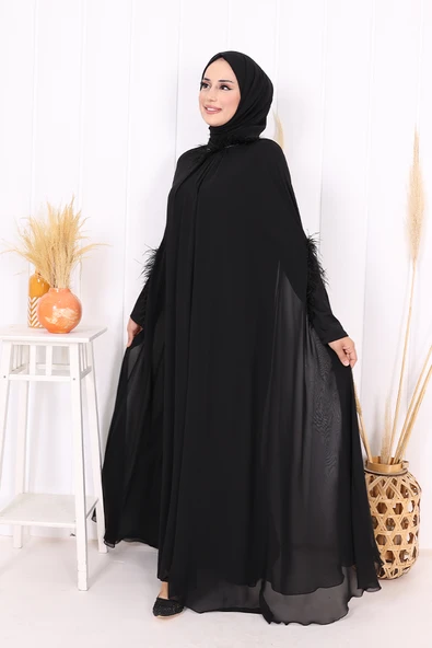 Püsküllü Yakası Taş Detaylı Abayalı Elbise Takım 8494 Siyah - 2