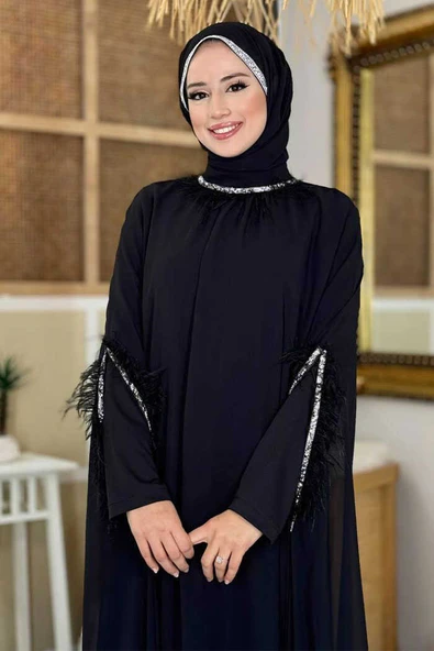 Püsküllü Yakası Taş Detaylı Abayalı Elbise Takım 8494 Siyah - Resim 10