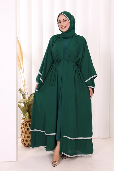 Taş İşlemeli Kat Detay Şallı Abaya 7883 Zümrüt - 2