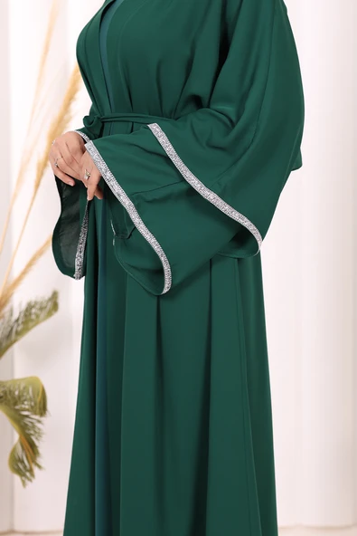 Taş İşlemeli Kat Detay Şallı Abaya 7883 Zümrüt - 6