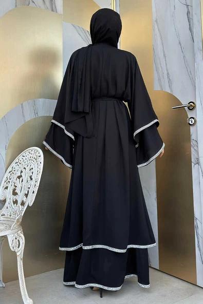 Taş İşlemeli Kat Detay Şallı Abaya 7883 Siyah - 6