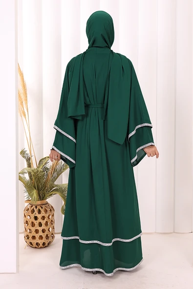 Taş İşlemeli Kat Detay Şallı Abaya 7883 Zümrüt - 4