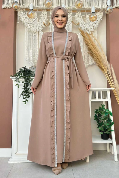 Boydan Fırfırlı Yelekli Elbise Takım 8489 Vizon - Resim 4